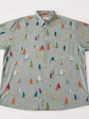 Casa Moda XL Button Up Short Sleeve Shirt Sailboat All-Over Print Cotton Green